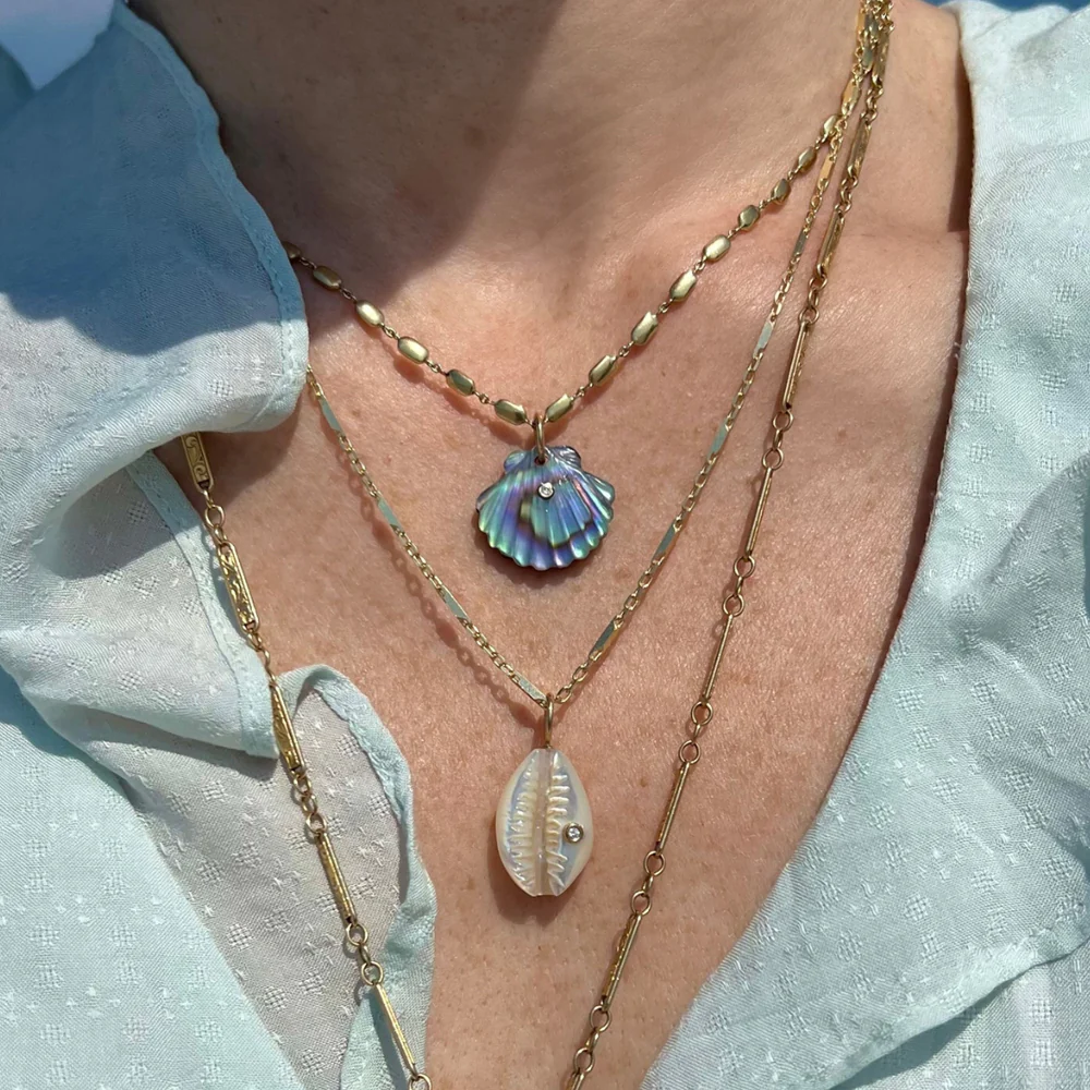 Abalone, Chalcedony & Diamond Pendant - "Luminescent Scallop Shell" - Image 4