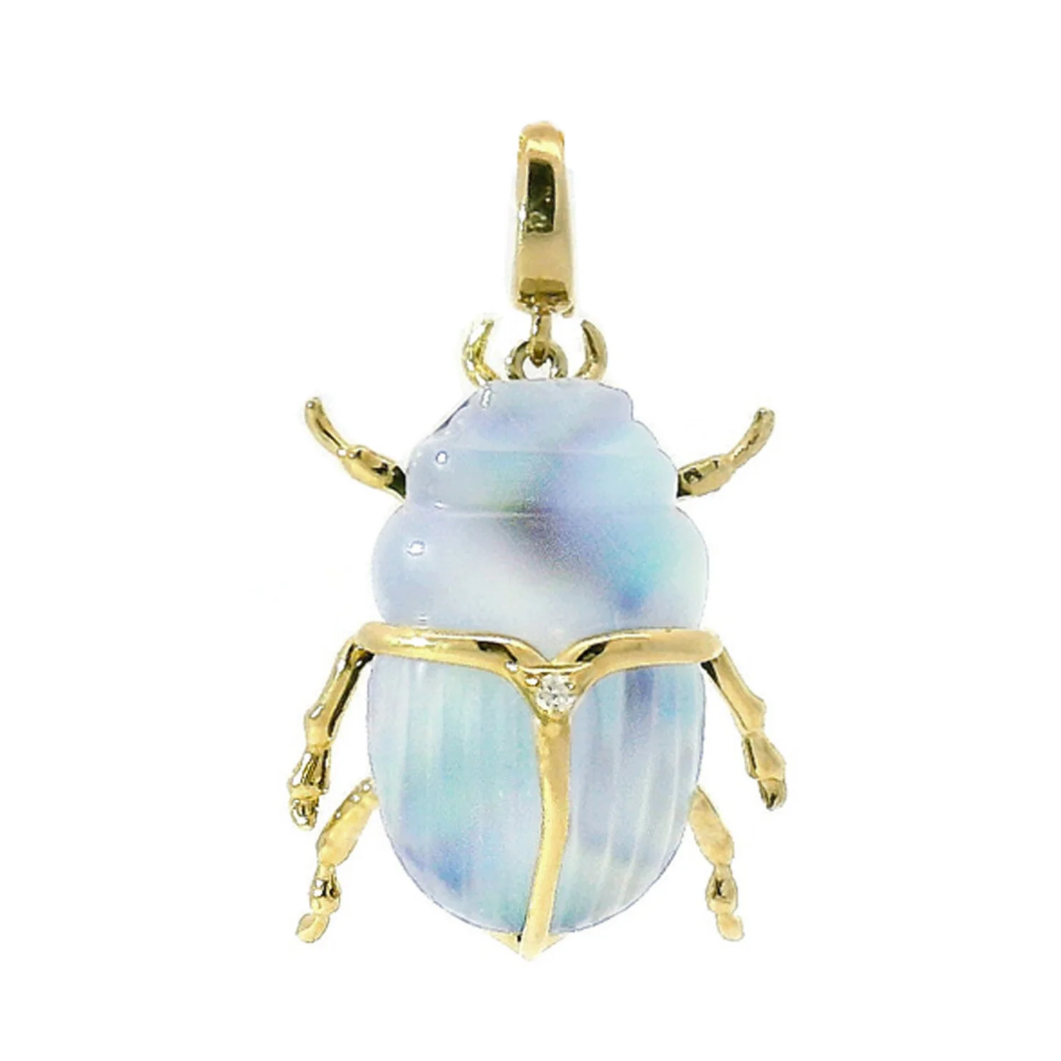 Carved Chalcedony, Abalone & Diamond Pendant - "Luminescent Scarab Beetle"