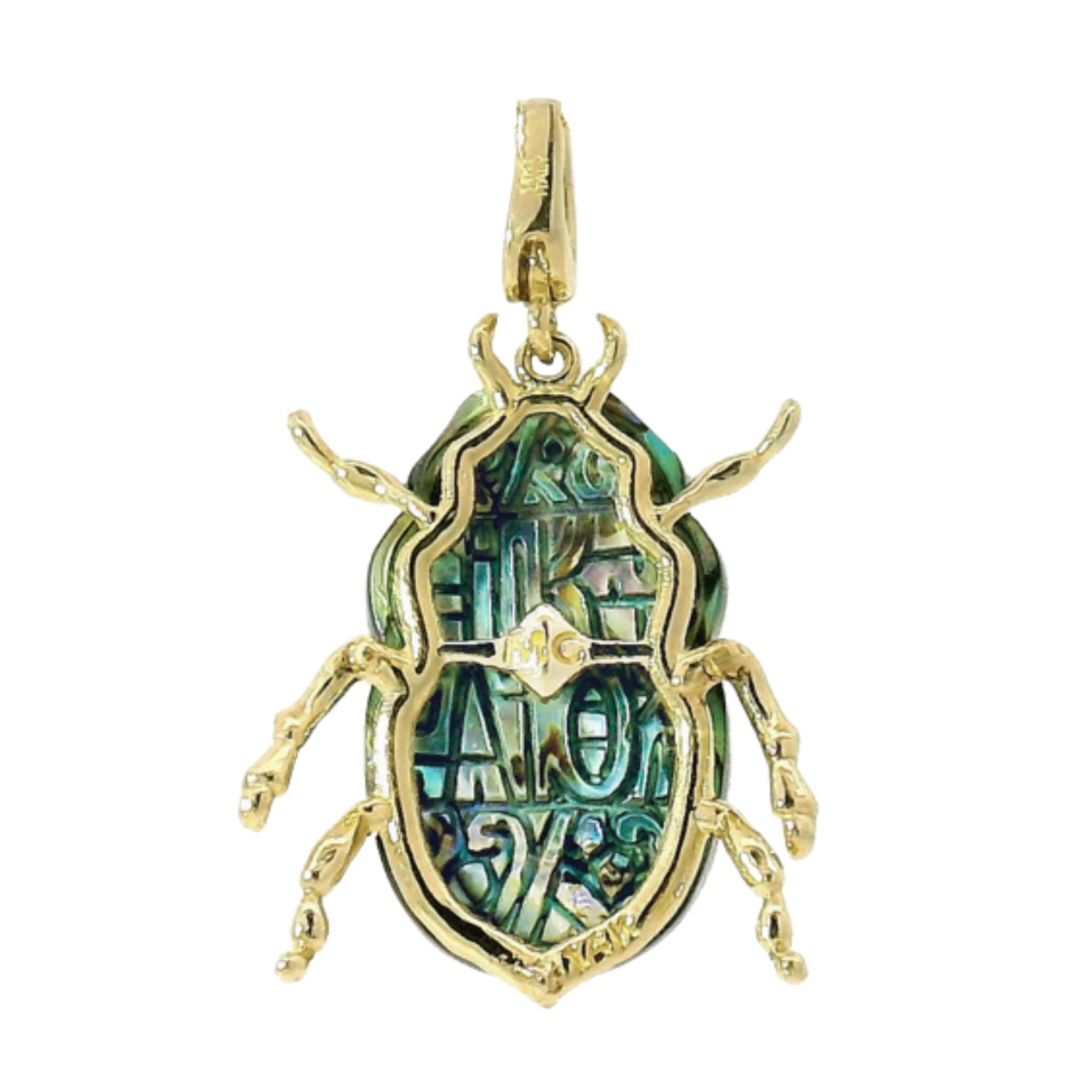 Carved Chalcedony, Abalone & Diamond Pendant - "Luminescent Scarab Beetle" - Image 2