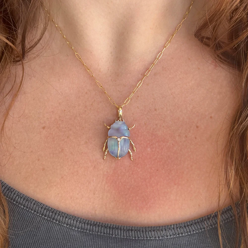 Carved Chalcedony, Abalone & Diamond Pendant - "Luminescent Scarab Beetle" - Image 5