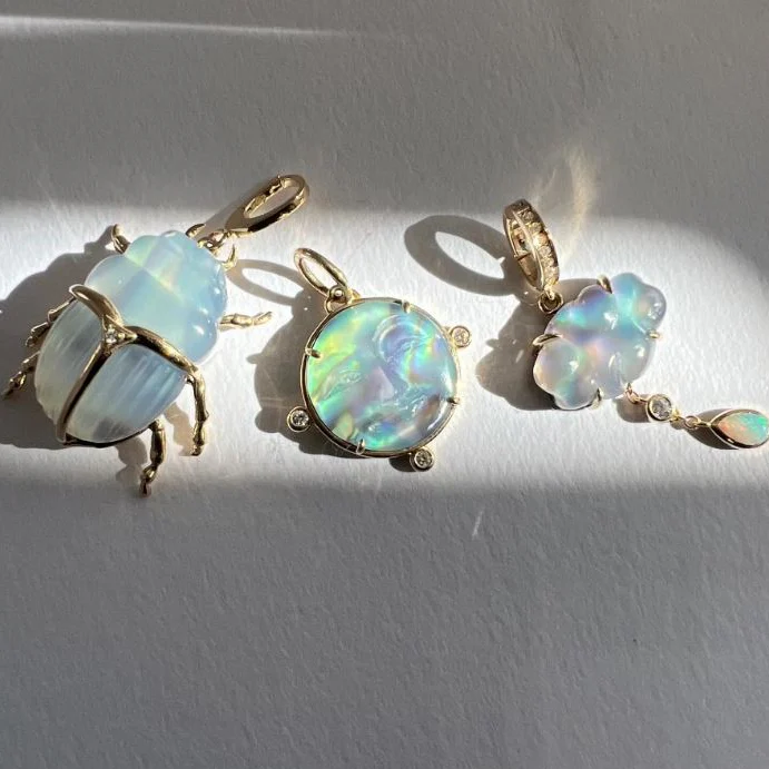 Carved Chalcedony, Abalone & Diamond Pendant - "Luminescent Scarab Beetle" - Image 6