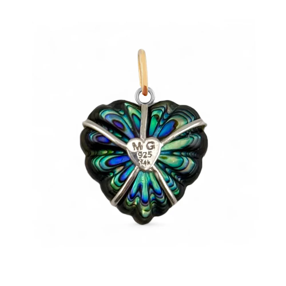 Abalone, Clear Chalcedony & Diamond Pendant - "Luminescent Heart" - Image 2