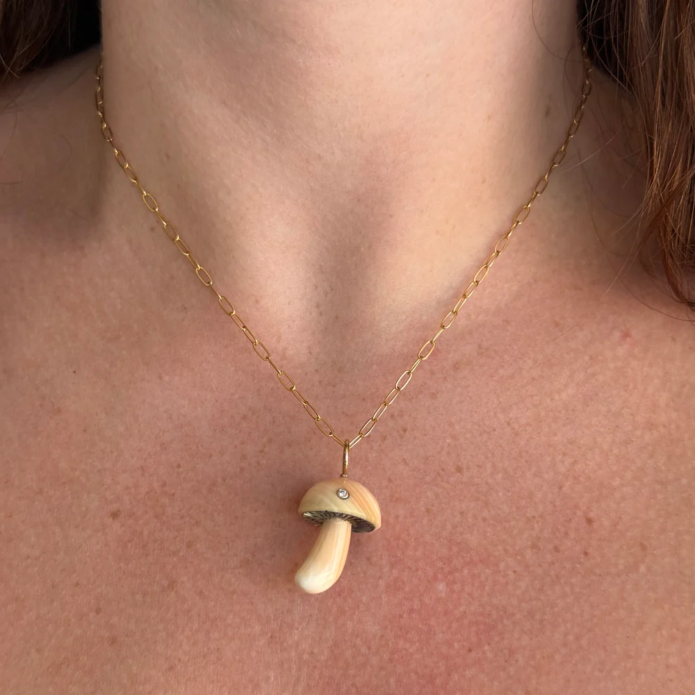 Apricot Conch Shell Mushroom & Diamond Pendant - "Mycena" - Image 2