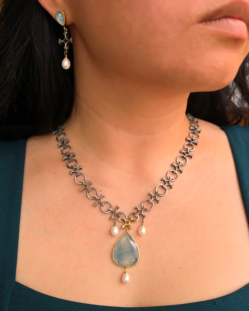 Aquamarine & Akoya Pearl Necklace - "Aquitaine" - Image 4