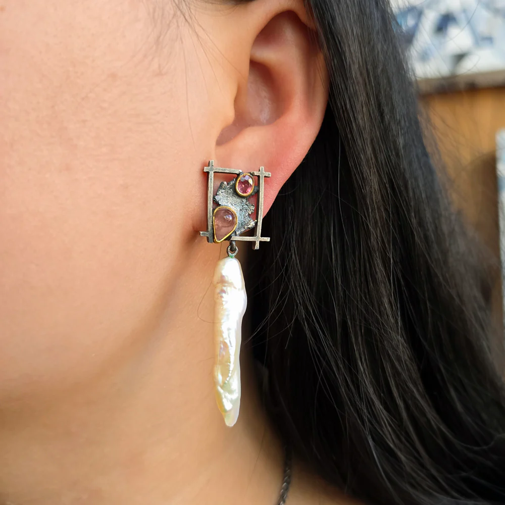 Asymmetrical Pearl Earrings with Pink Sapphires - "Pearl River" - Image 3