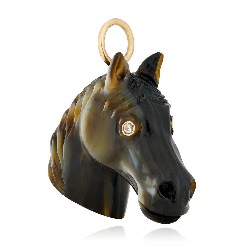Black Mother-of-Pearl Carved Horse & Diamond Pendant - "Black Beauty" - Image 2