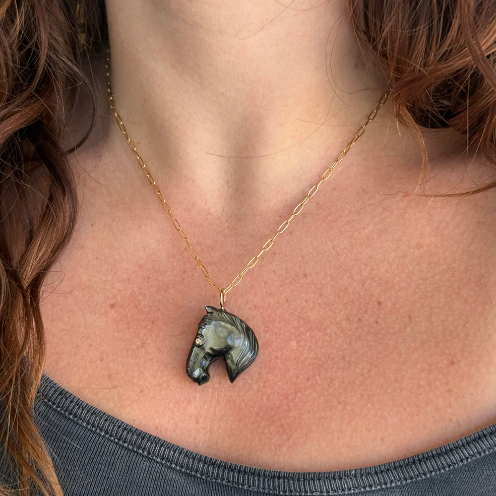 Black Mother-of-Pearl Carved Horse & Diamond Pendant - "Black Beauty" - Image 3