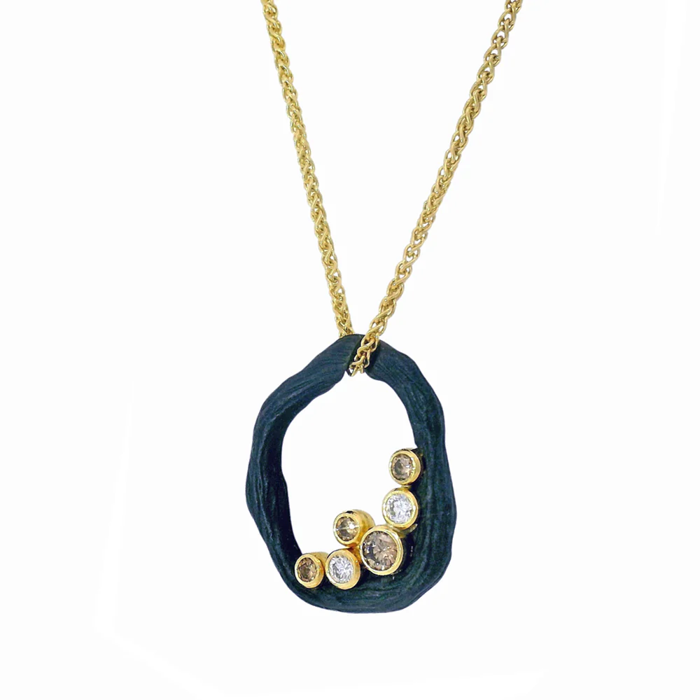 Cognac & White Diamond Blackened Cobalt Chrome Necklace - "Pebble" - Image 3