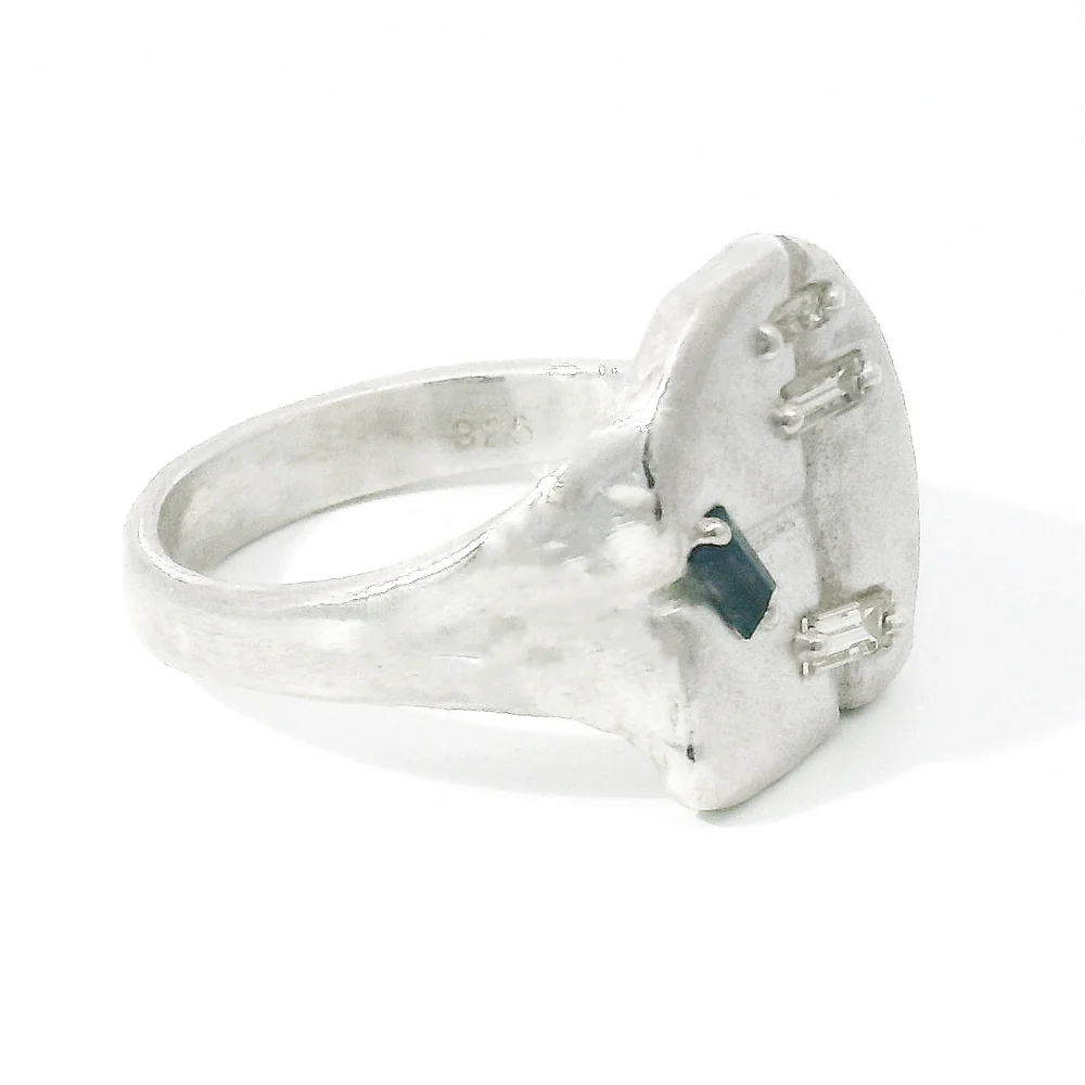 Sapphire & Diamond Sterling Silver Ring - "Runes" - Image 2
