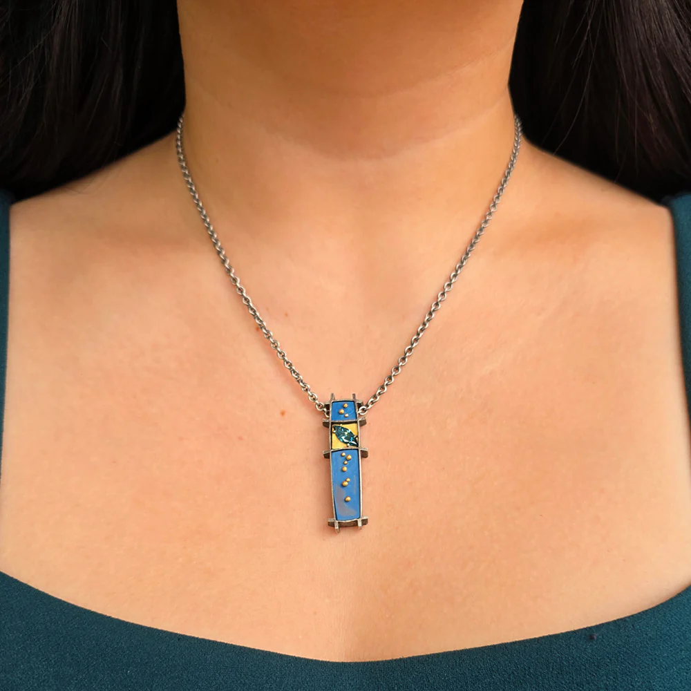 Diamond, Sterling Silver, & Gold Enamel Necklace - "3 Box" - Image 2
