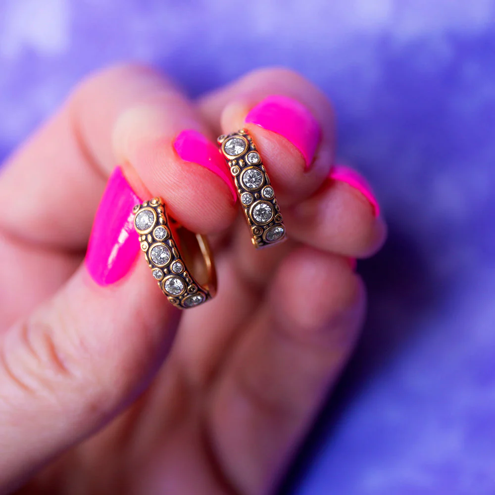 Diamond & Yellow Gold Huggie Earrings - "Oval Hoop" - Image 4