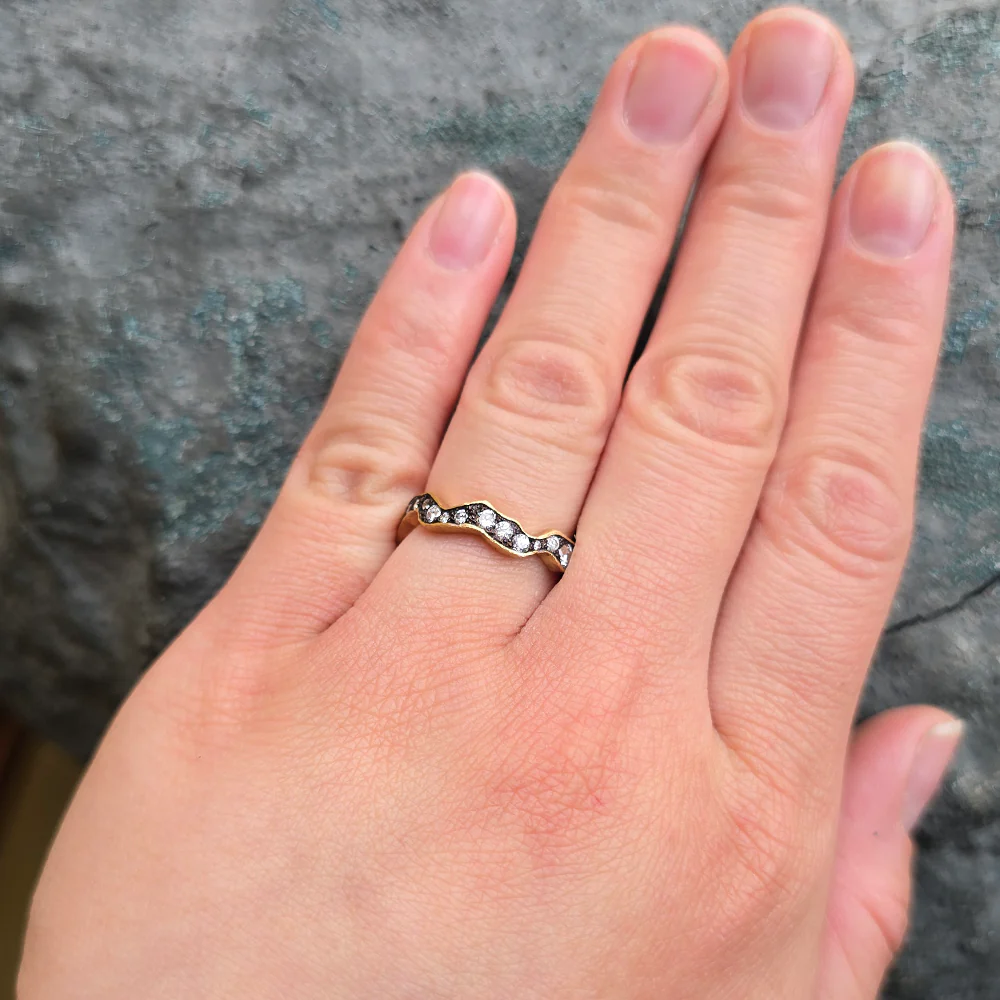 Diamond & Yellow Gold Wavy Eternity Band - "Moody Storm" - Image 4