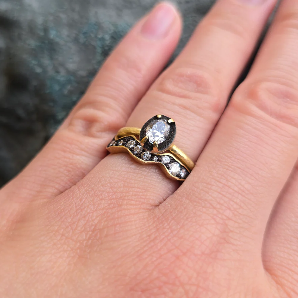 Diamond & Yellow Gold Wavy Eternity Band - "Moody Storm" - Image 6