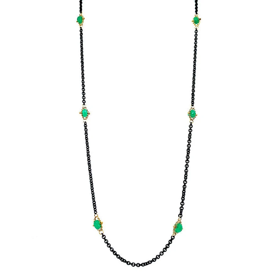 Emerald Rondelle, Oxidized Silver & Gold Necklace - "Textile Station"