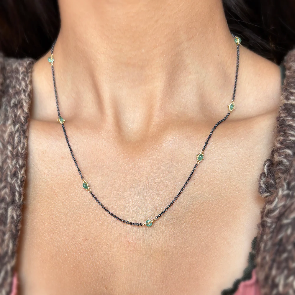 Emerald Rondelle, Oxidized Silver & Gold Necklace - "Textile Station" - Image 2