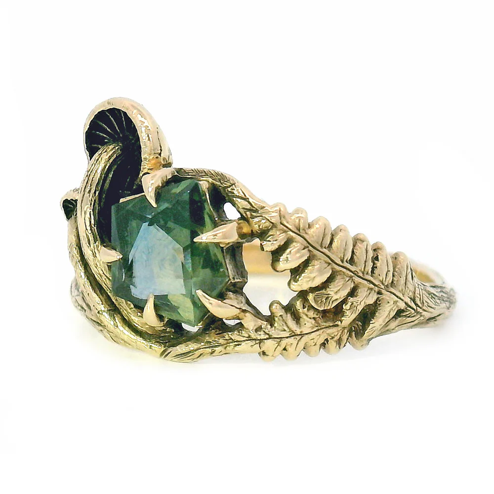 Geo-Cut Montana Sapphire Mushroom & Fern Ring - "Seaview" - Image 3