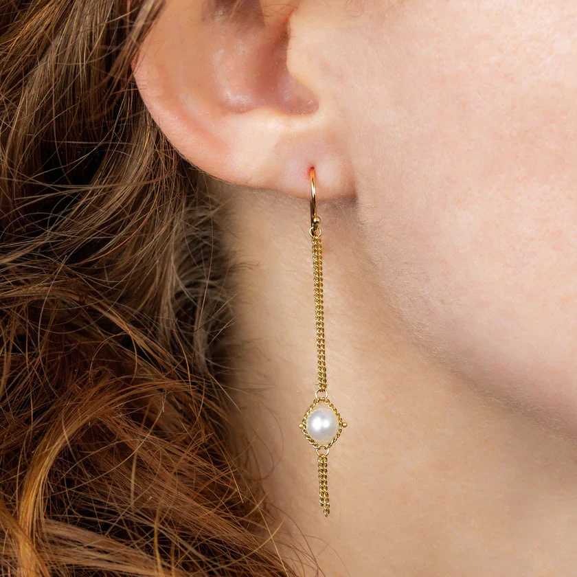 Gold & Freshwater Pearl Drop Earrings - "Dewdrop" - Image 2