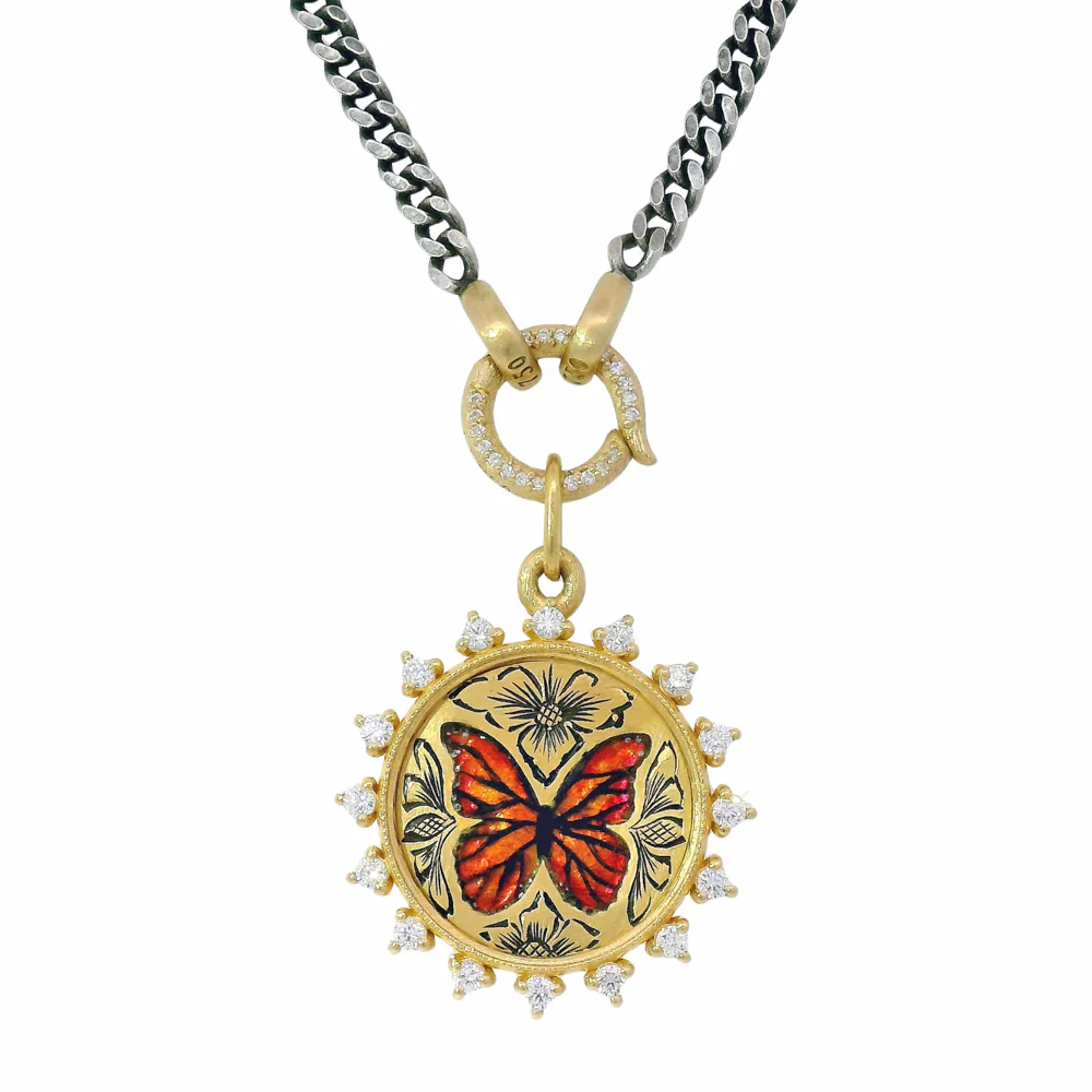 Gold Pendant With Enamel & Diamonds - "Farfalla" - Image 3