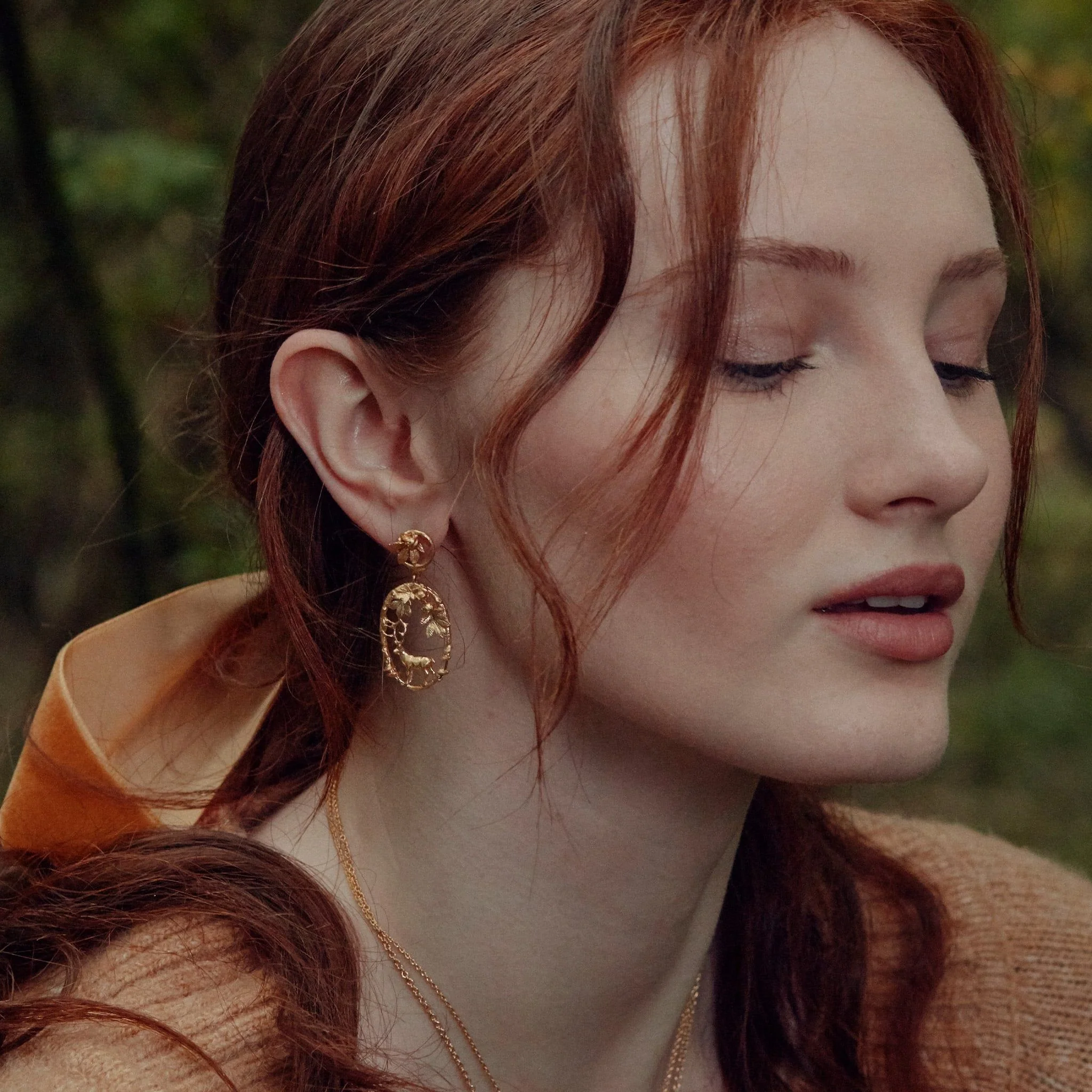 Gold Vermeil Woodland Drop Earrings - "Doe & Stag" - Image 3