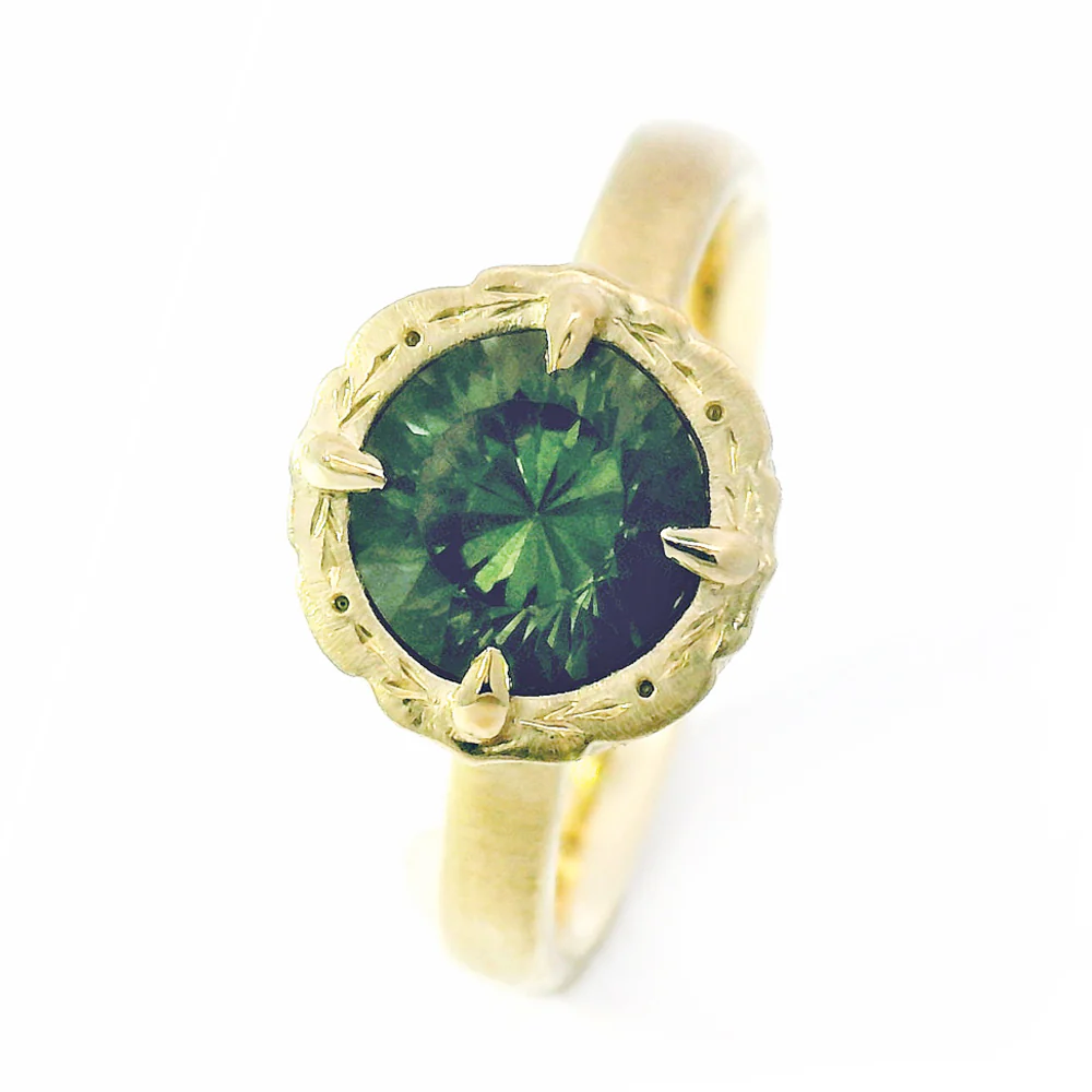 Green Montana Sapphire & Diamond Engagement Ring - "Eye of the Jungle" - Image 5