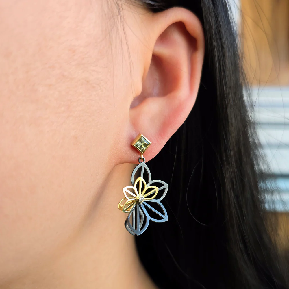 Green Montana Sapphire and Diamond Fold Earrings - "Green Anise" - Image 2