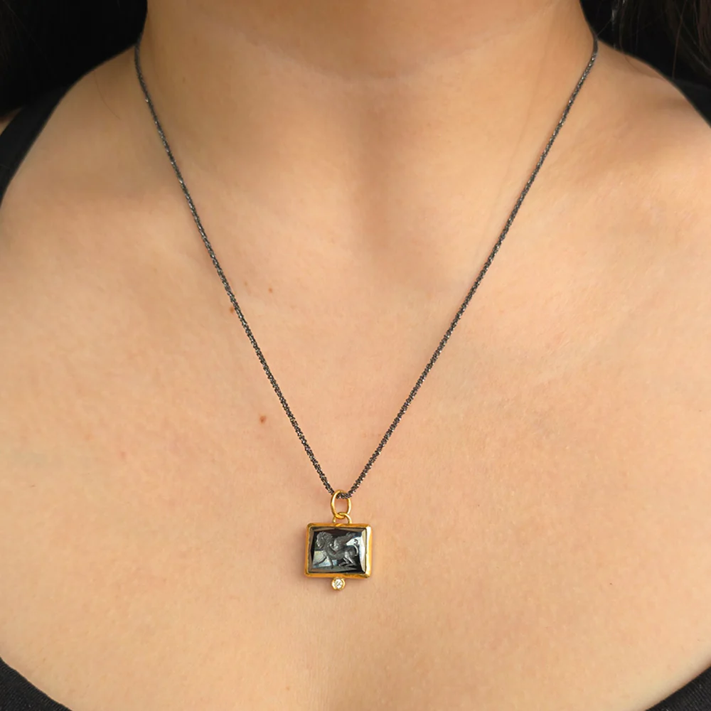 Hematite, Silver, Yellow Gold & Diamond Pendant - "Intaglio Storm" - Image 3