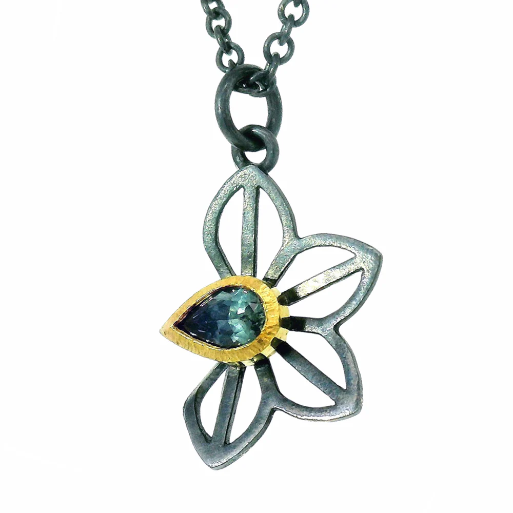 Montana Sapphire Necklace in Silver & Gold - "Spring Anise"