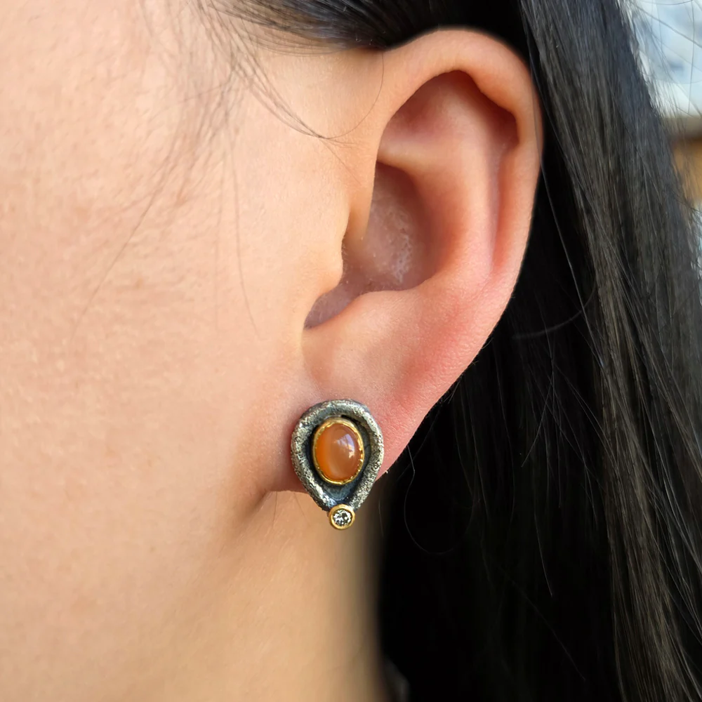 Peach Cat-Eye Moonstone Stud Earrings - "Vetus Felinus" - Image 2