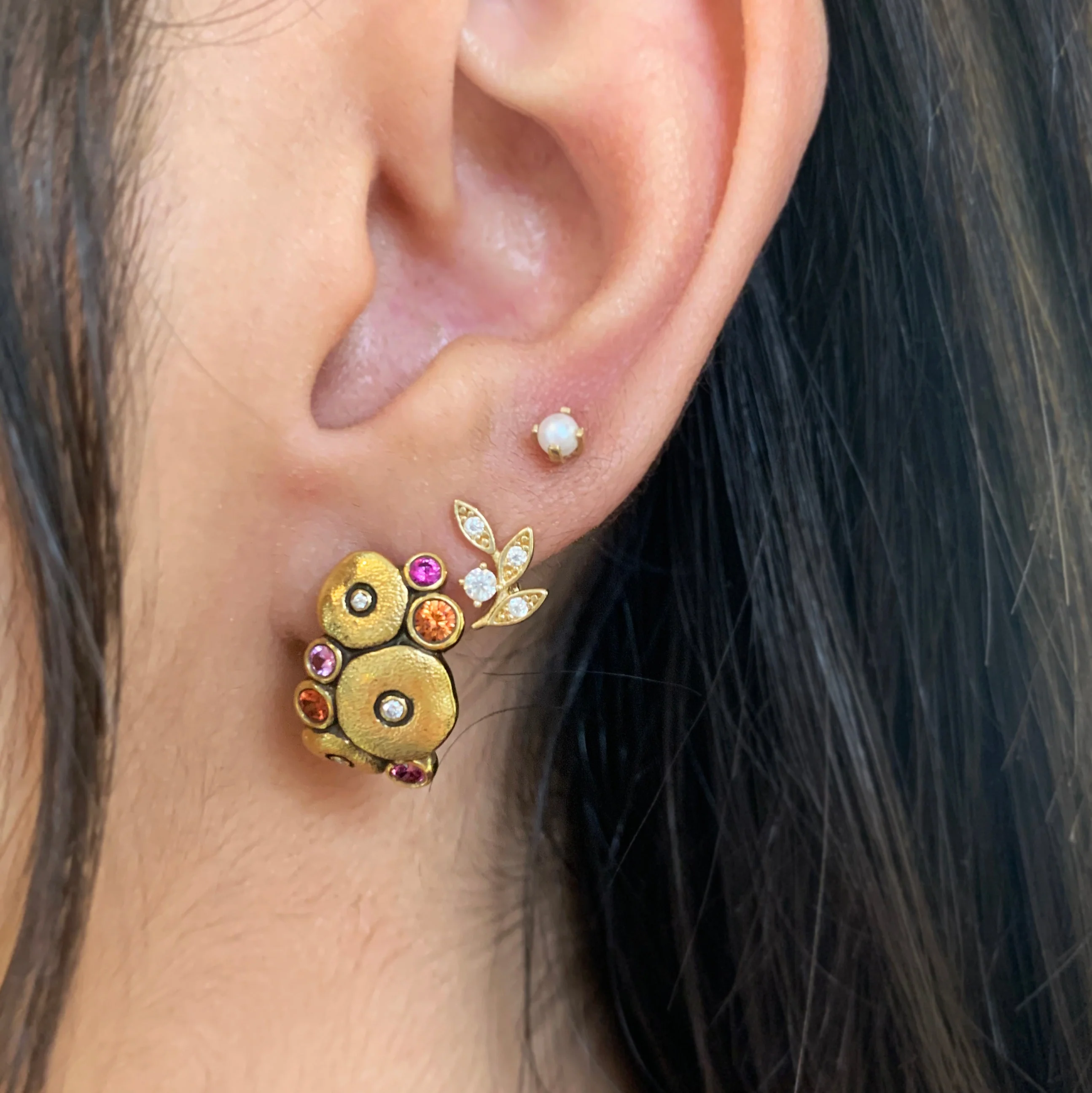 Multicolored Sapphire & Diamond Stud Earrings - "Orchard" - Image 4