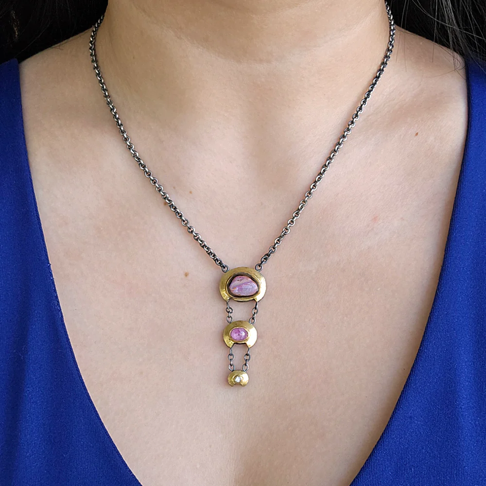 One-of-a-Kind Koroit Opal & Pink Montana Sapphire Cabochon Necklace - "Trapeze" - Image 5