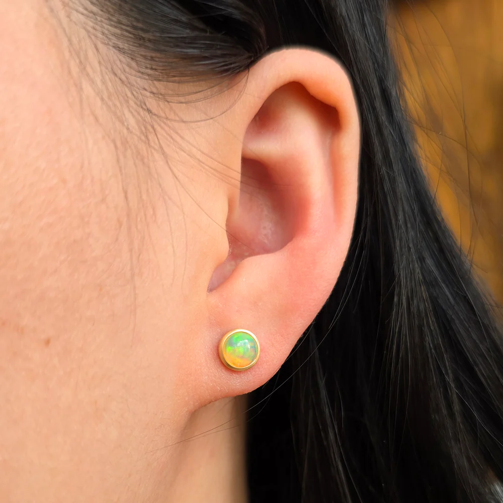 Opal & Yellow Gold Stud Earrings - "Ethereal Glow" - Image 2
