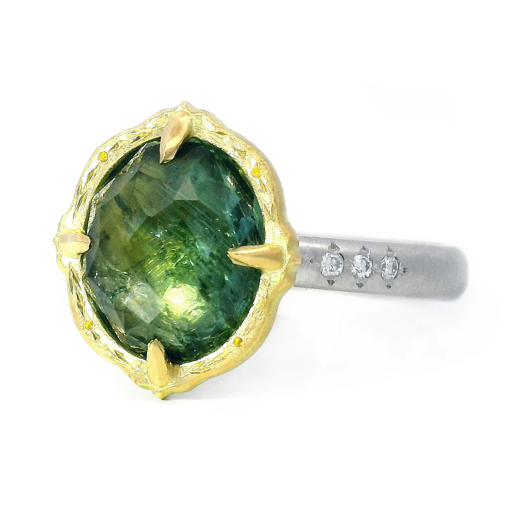 Oval Bi-Color Green & Pale Yellow Montana Sapphire Ring -"Lotus" - Image 2