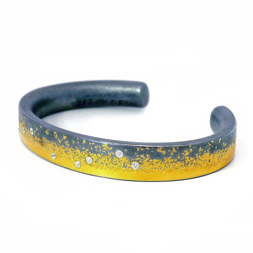 Oxidized Sterling Silver & Gold Cuff with Diamonds - "Divide" - Image 2