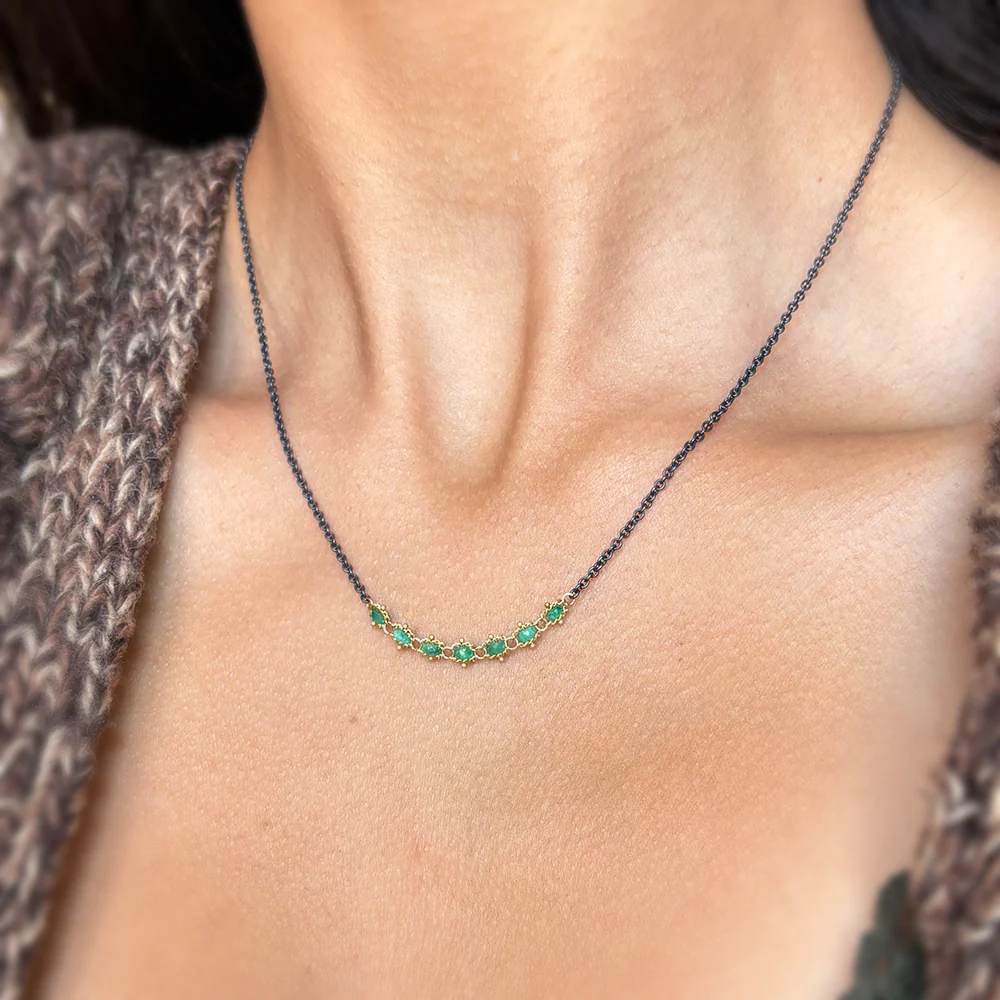 Emerald Rondelle, Oxidized Sterling Silver & Gold Necklace - "Emerald Lake" - Image 2