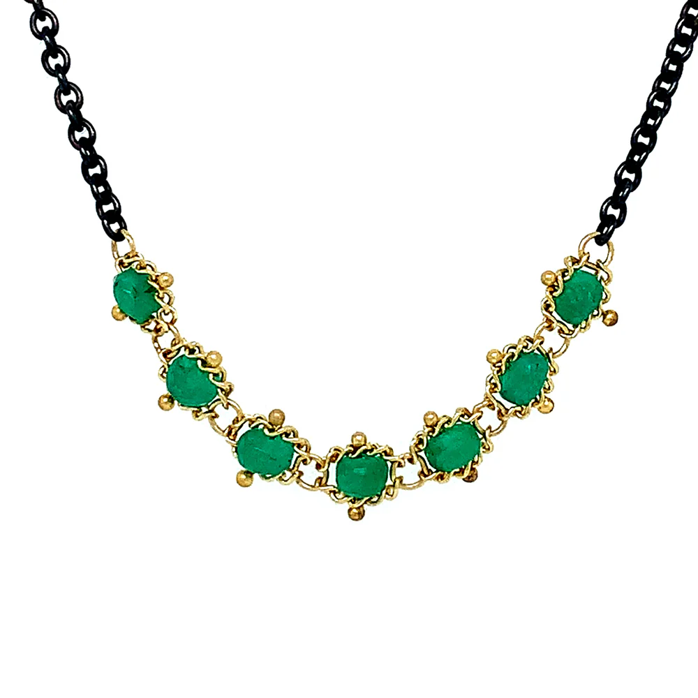 Emerald Rondelle, Oxidized Sterling Silver & Gold Necklace - "Emerald Lake" - Image 3