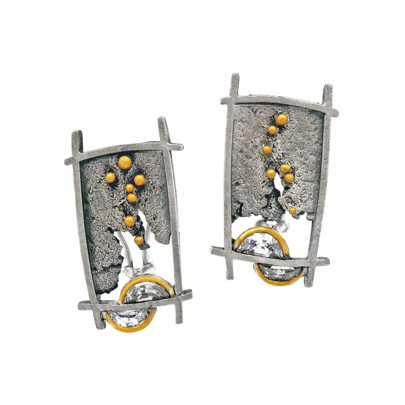 Natural Half-Moon Diamond Stud Earrings in Silver- "Shoji Lantern"