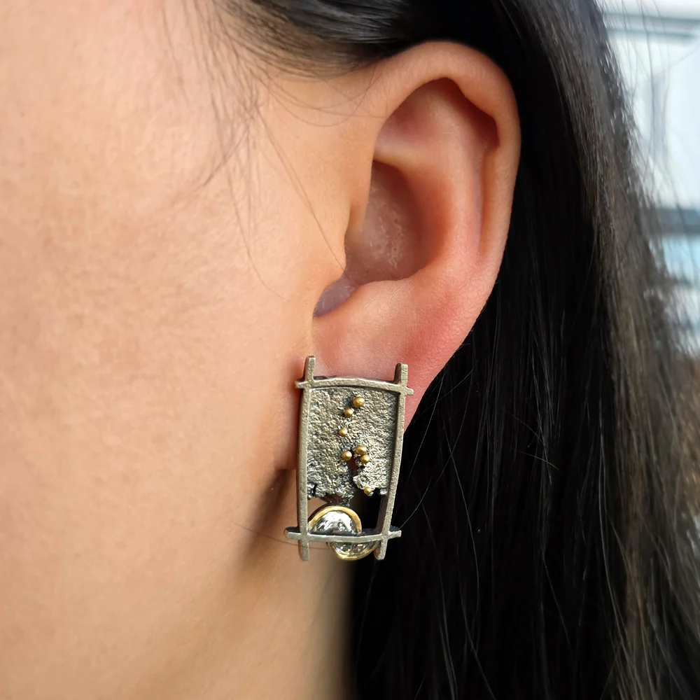 Natural Half-Moon Diamond Stud Earrings in Silver- "Shoji Lantern" - Image 2