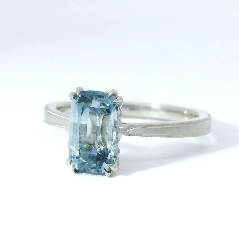 Platinum & Cushion Montana Sapphire Solitaire Ring - "Laurel Cathedral" - Image 2