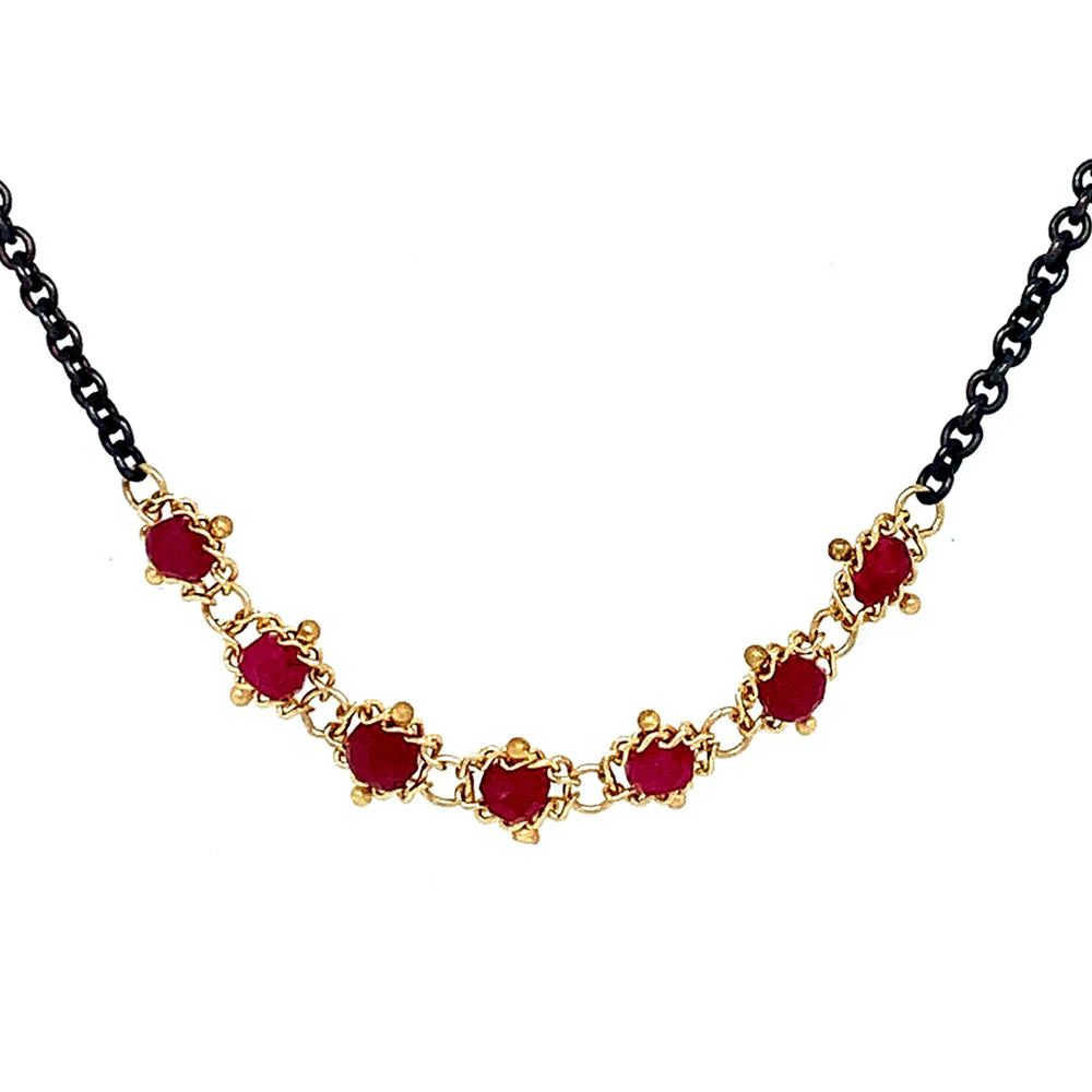 Ruby Rondelle Oxidized Sterling Silver & Gold Necklace - "Centered Textile" - Image 3