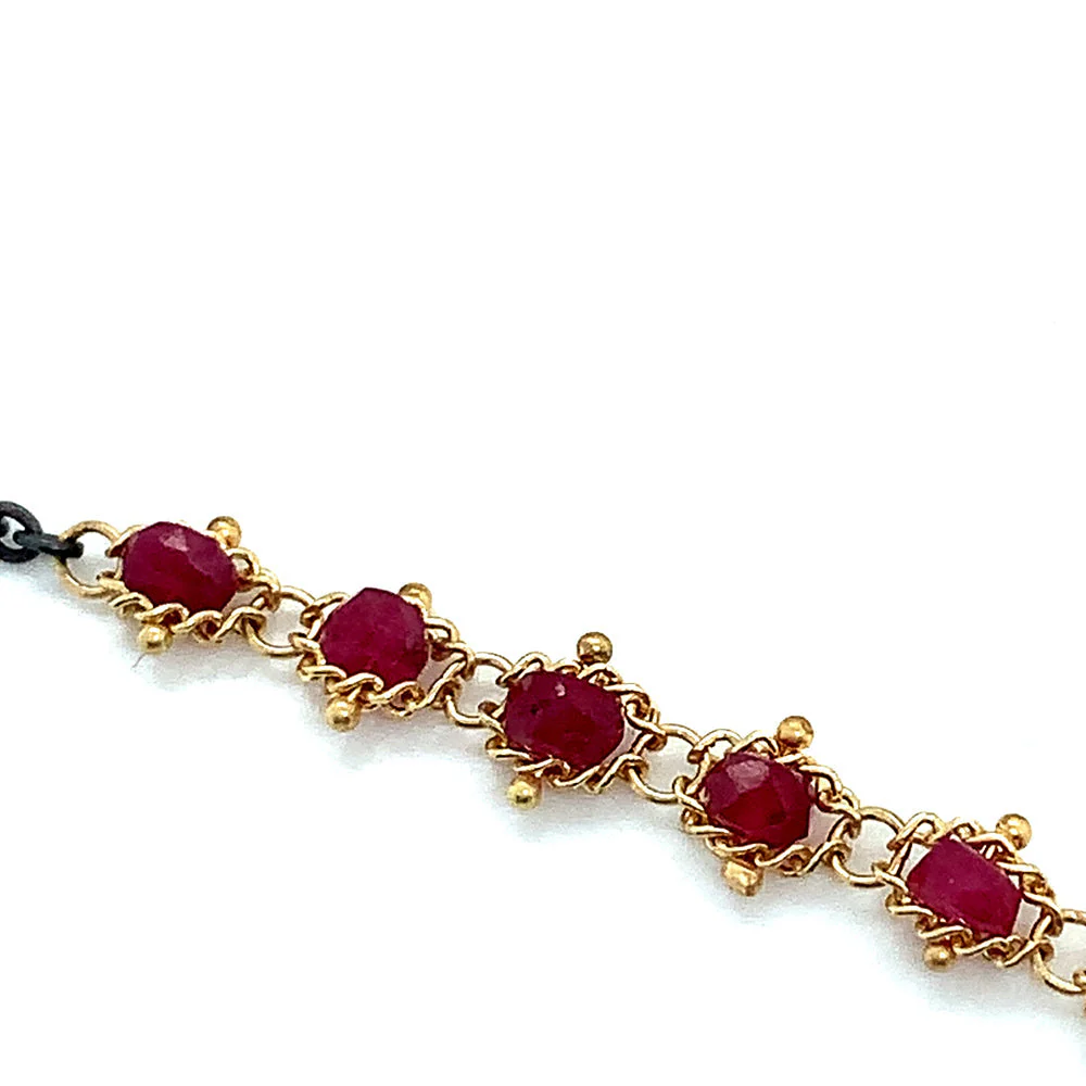 Ruby Rondelle Oxidized Sterling Silver & Gold Necklace - "Centered Textile" - Image 4