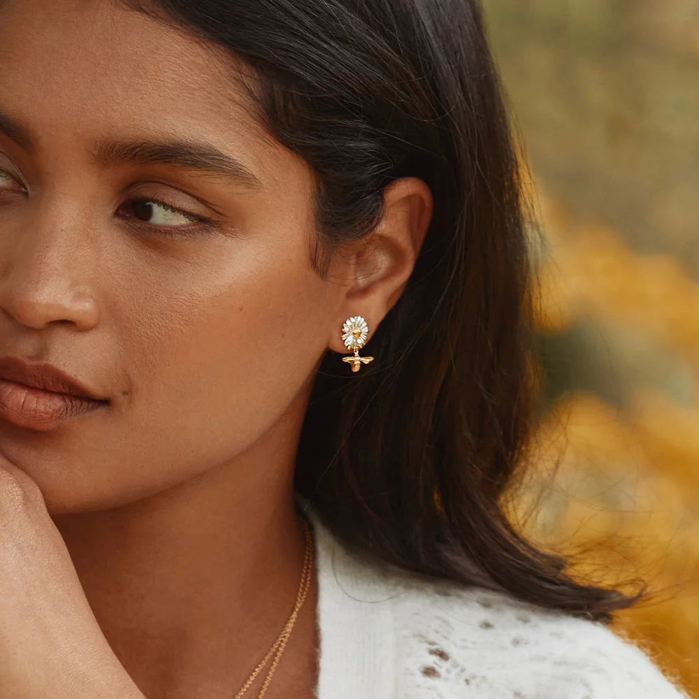 Sterling Silver & Gold Vermeil Drop Earrings - "Daisy with Teeny Tiny Bee Drops" - Image 2