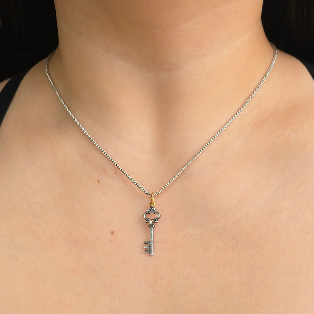 Sterling Silver, Yellow Gold & Diamond Pendant - "Key" - Image 4