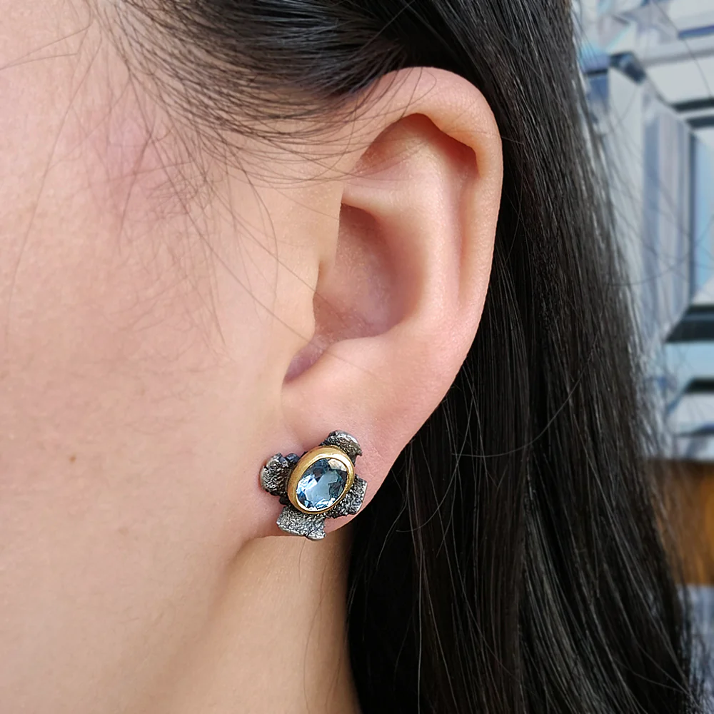 Blue Topaz Sterling Silver & Gold Stud Earrings - "Talentum" - Image 3