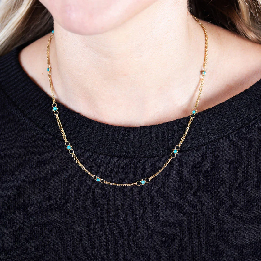Beaded Turquoise & Gold Necklace - "Whisper Chain" - Image 2