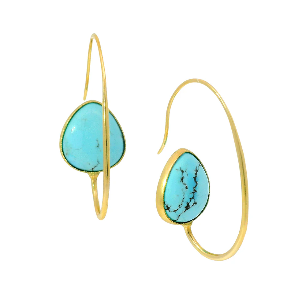 Turquoise & Yellow Gold Hoop Earrings - "Curly-Q"