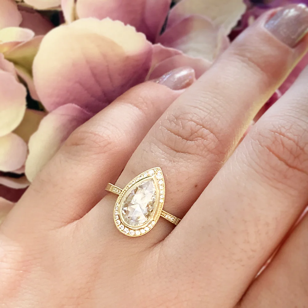 Pear Shaped Rose Cut Diamond Engagement Ring - "Virginia Halo" - Image 6